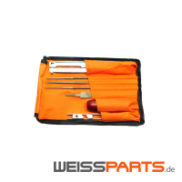 Werkzeug-Set zum Schärfen von Sägeketten 1/4", 3/8"H, 0.325", 3/8" und 0.404", mit praktischer Werkzeugtasche / Rolltasche in Orange; zum Schärfen von Sägeketten gemäß Explosionszeichnung und Handbuch; nach Wechsel der Sägekette ordnungsgemäße Kettenspannung am Führungsschwert / Schwert prüfen; Kettensäge Werkzeug und weitere Ersatzteile von WEISSPARTS