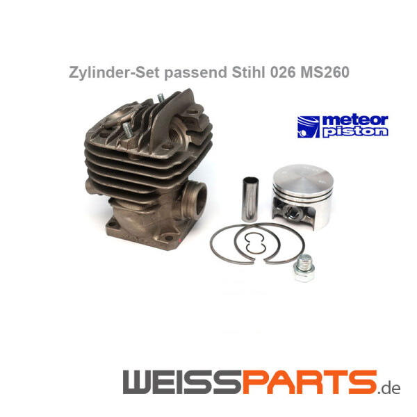 Kolben Set für Motorsäge STIHL MS261 inkl. Kolbenringe, Kolbenbolzen von METEOR CC2515 ersetzt Stihl 1141 020 1200, 11410201200, 1141-020-1200; Montage, einbauen, ausbauen des Zylinders und Kolben gemäß Explosionszeichnung und Handbuch; vor Wechsel Kolben, Kolbenringe und Zylinder auf Beschädigung prüfen; STIHL MS261 Zylinder und Kolben sowie weitere Ersatzteile bei WEISSPARTS bestellbar